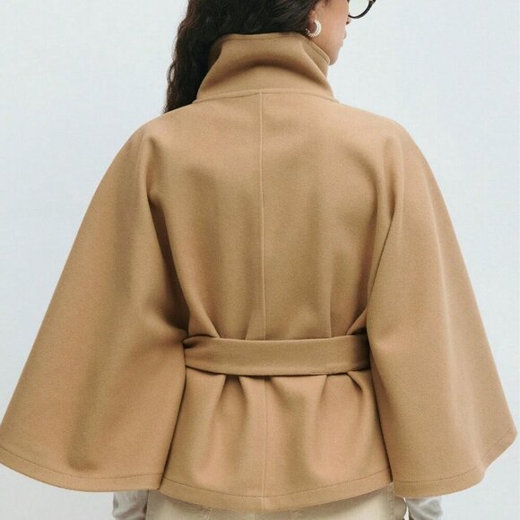 Khaki Elegant Women's Cloak Collar Button Coat With Belt - Picture 3 of 3